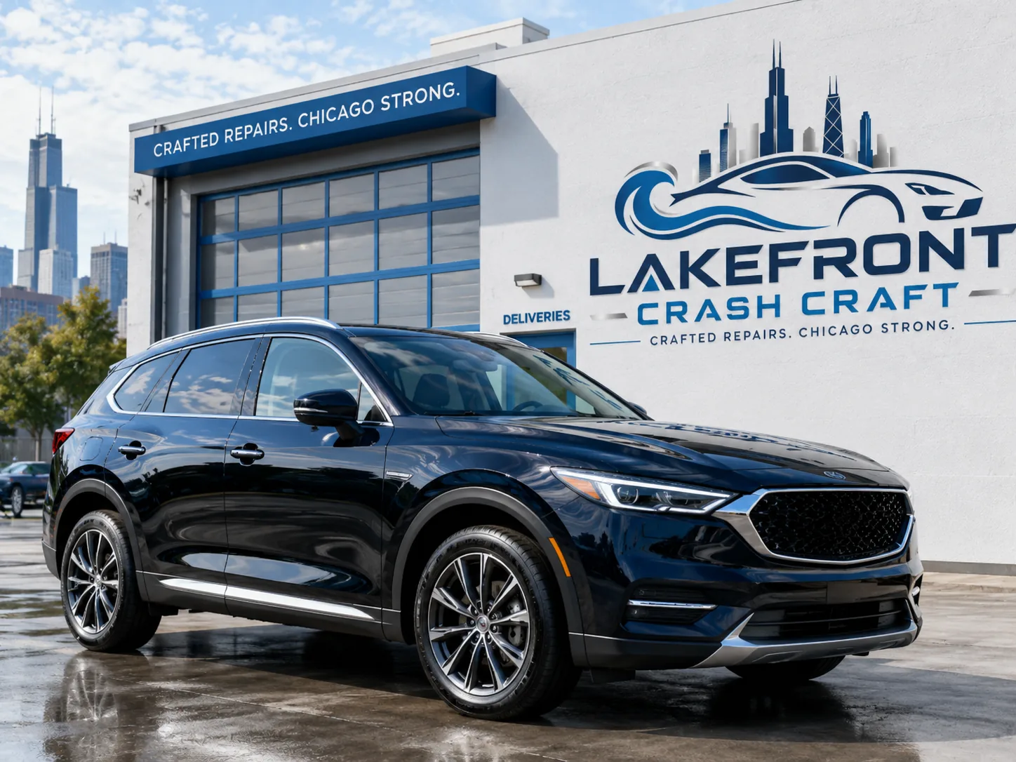 Freshly repaired vehicle outside Lakefront Crash Craft